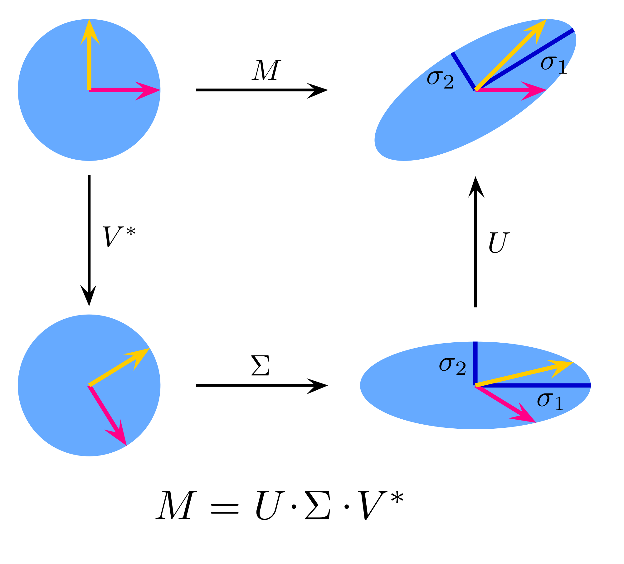 Visualization of the SVD expressing a matrix as rotations and scalings.
